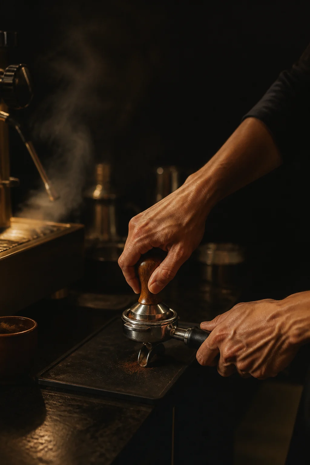 Tangan barista melakukan tamping kopi dengan presisi